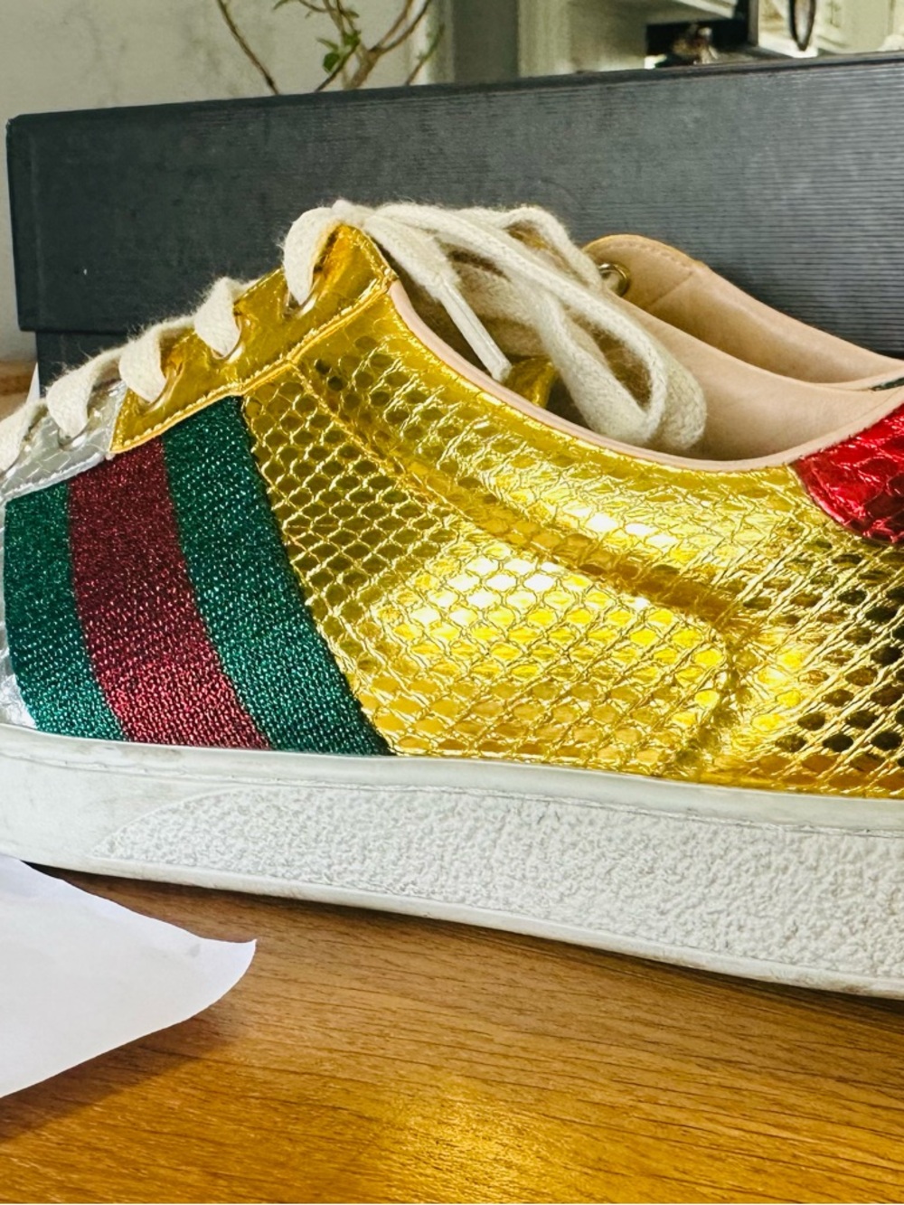 GUCCI New Ace Metallic Snakeskin Sneakers. Size 8. US 8.5 - Picture 3 of 9